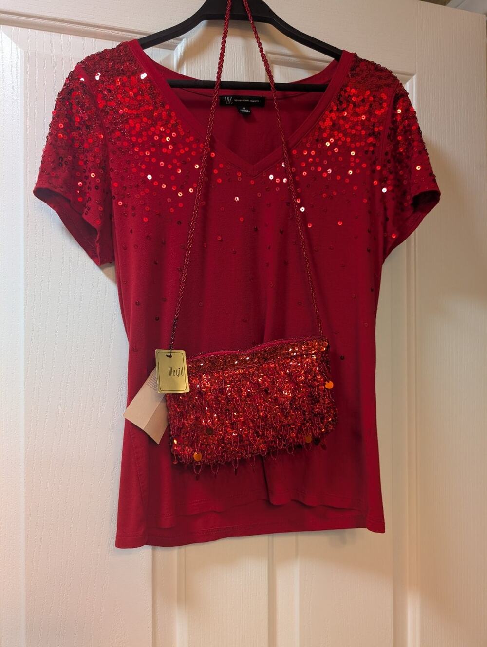 Red Sequin Purse Set Short Sleeve Small Top INC International Concepts V-Neck